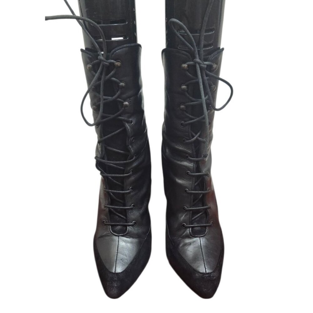 Proenza Schoulee Women’s Black Lace-Up Leather Suede Heeled Boots Pointed Toe 9 - Picture 2 of 16